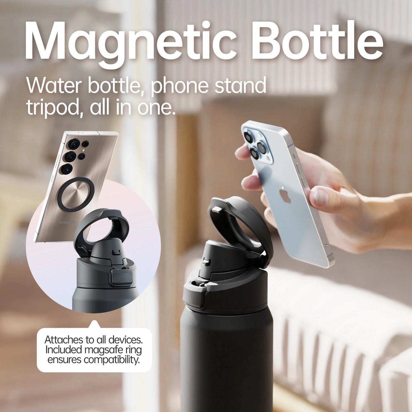 Magnetic Stainless Steel Thermos – Sports Water Bottle with Phone Holder & Bounce Cover Insulation