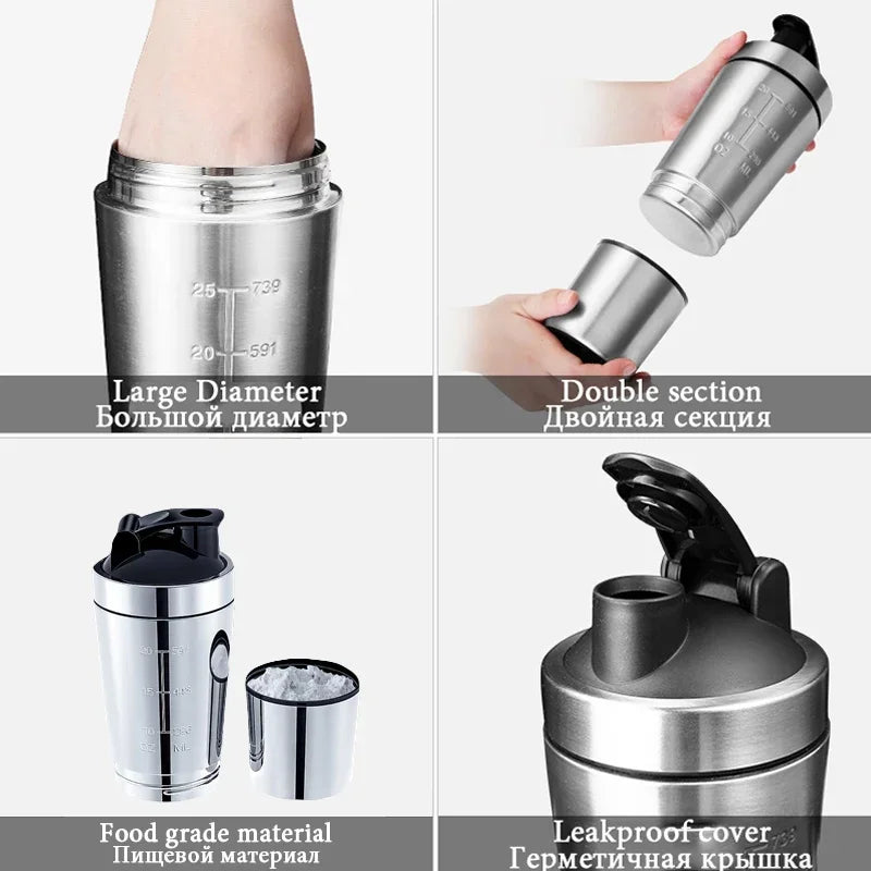 Versatile Stainless Steel Sports Shaker – Double-Layer Insulation, Detachable Design, Perfect for Whey Protein, Water, and Outdoor Adventures