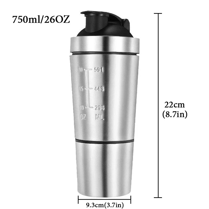 Versatile Stainless Steel Sports Shaker – Double-Layer Insulation, Detachable Design, Perfect for Whey Protein, Water, and Outdoor Adventures