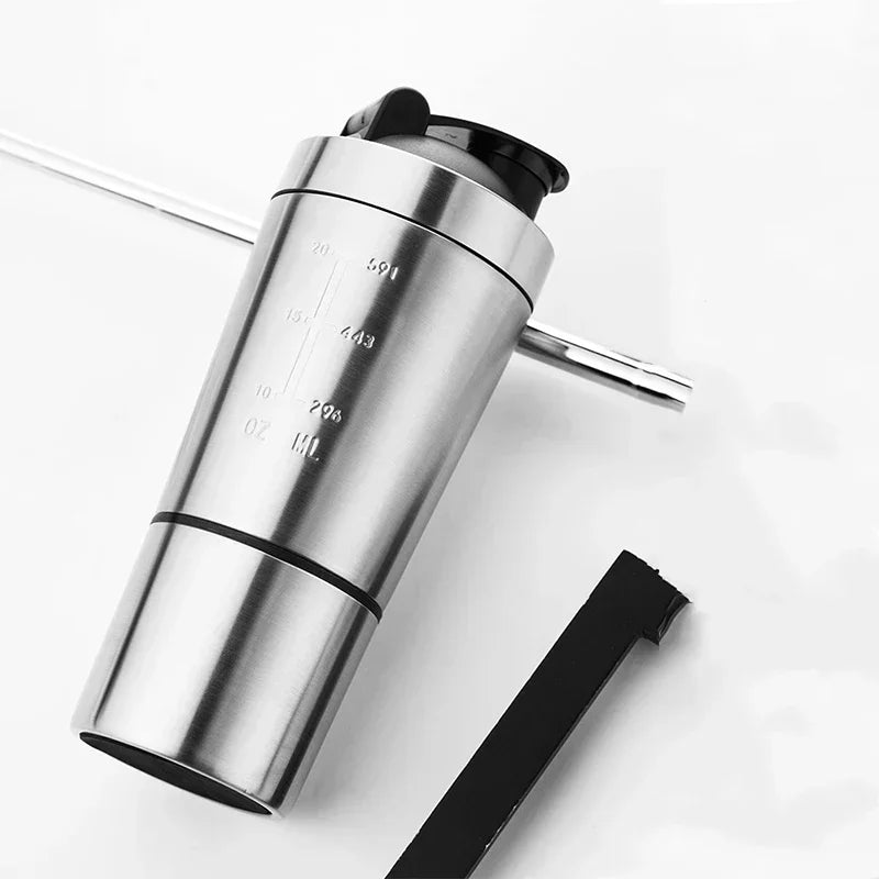 Versatile Stainless Steel Sports Shaker – Double-Layer Insulation, Detachable Design, Perfect for Whey Protein, Water, and Outdoor Adventures